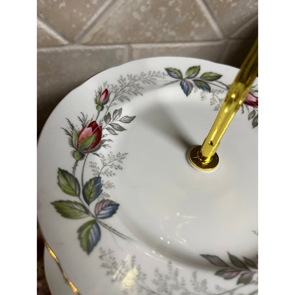 Vintage Paragon‎ Bridal Rose 2-Tier Tidbit Tray: Gold Trimmed Party Dish - Picture 6 of 10